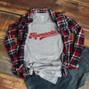 heather gray t-shirt witg red cursive mamacita graphic paired with jeans and flannel shirt