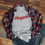 heather gray t-shirt witg red cursive mamacita graphic paired with jeans and flannel shirt