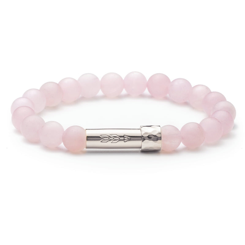 Matte Rose Quartz love bracelet with silver tube clasp that holds paper with a wish inside