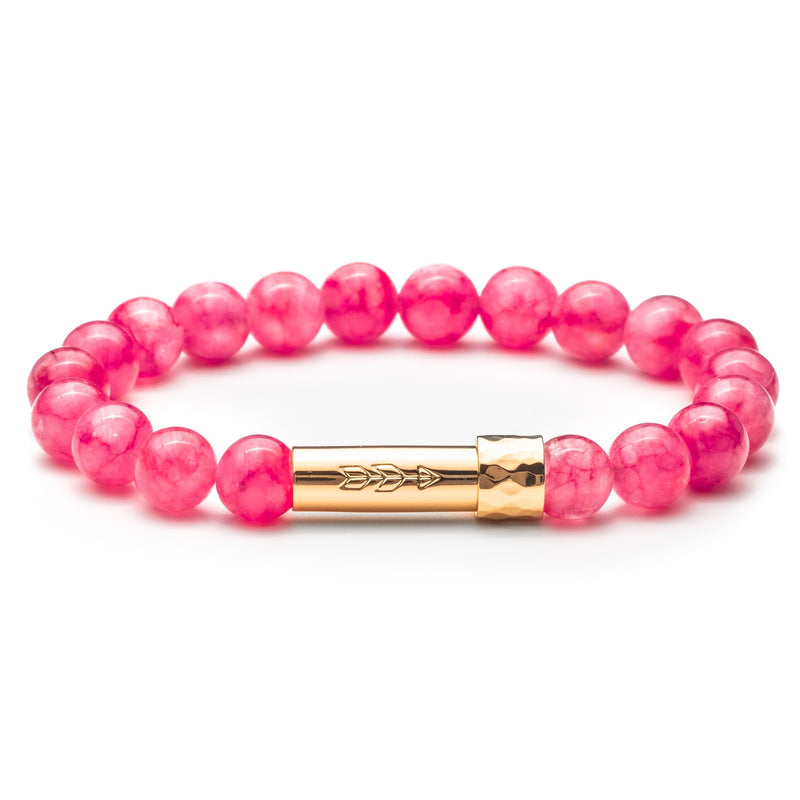 Bright pink beaded gemstone bracelet with gold secret clasp for a hidden paper message to go inside
