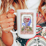 Tall white mug with Mega Pint tarot card