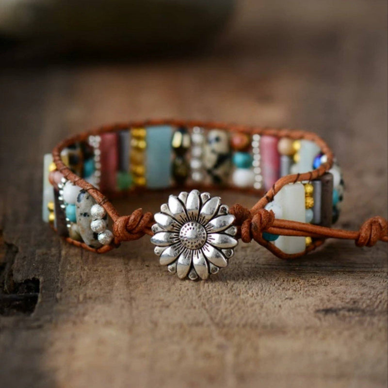 Leather and mixed gemstone boho-chic bracelet with silver sunflower button closure