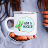 "NOT A HUGGER" funny white camp mug with pretty cactus