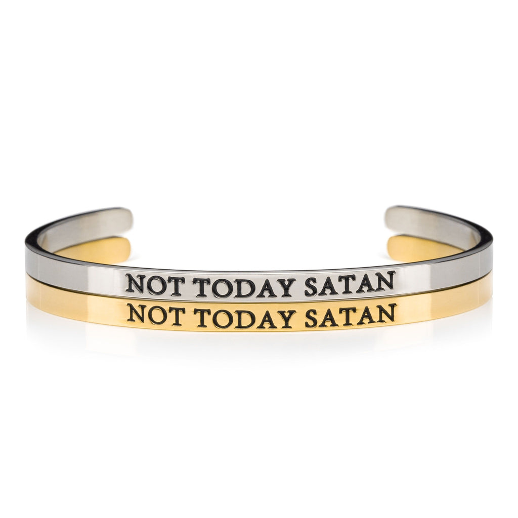 Womens silver and gold open cuff bracelet printed with the words NOT TODAY SATAN in black lettering