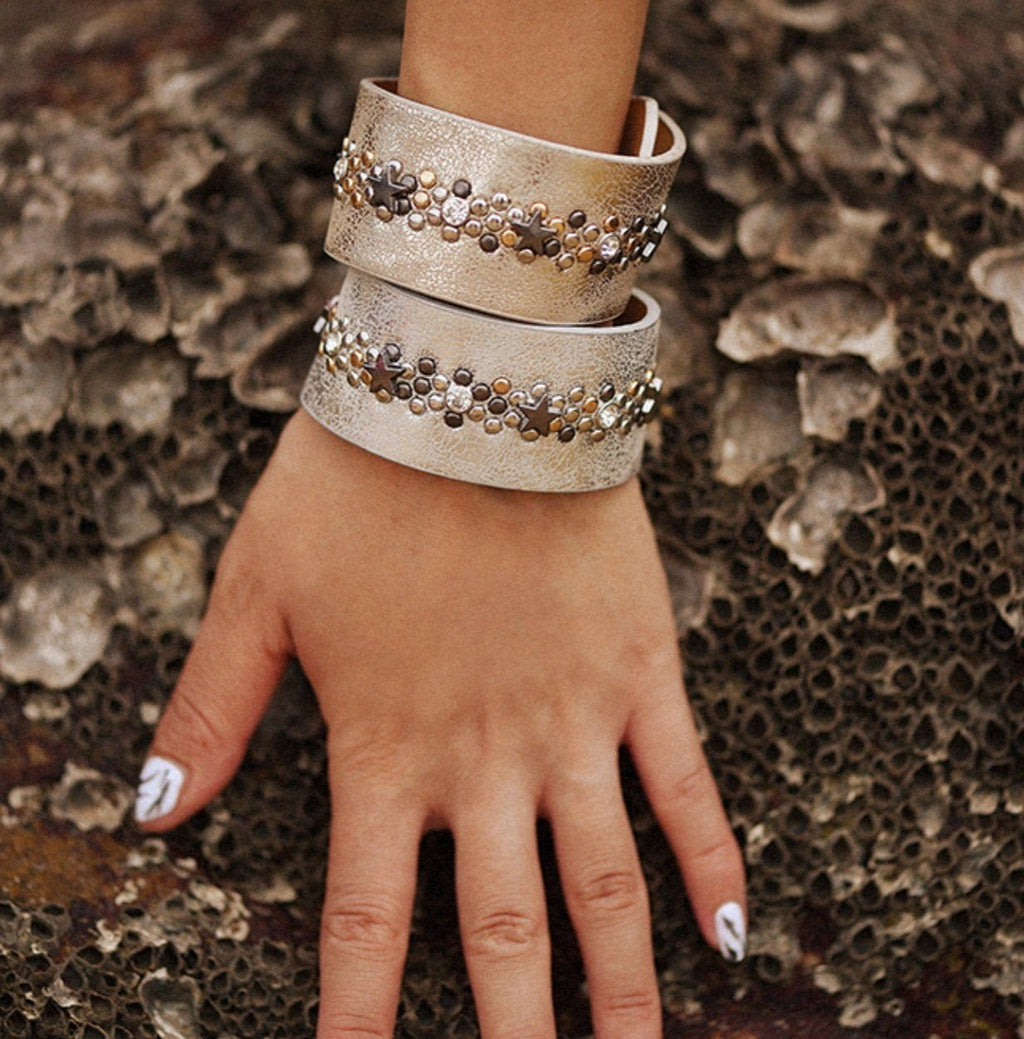 Gold and silver metallic leather studded bracelets