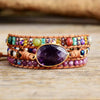 3 layer leather and gemstone boho wrap bracelet with large Amethyst centerpiece and Lepidolite accents