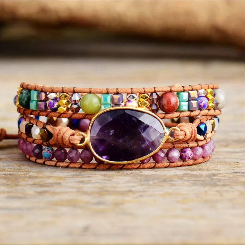 3 layer leather and gemstone boho wrap bracelet with large Amethyst centerpiece and Lepidolite accents