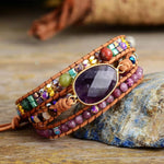 3 layer leather and gemstone boho wrap bracelet with large Amethyst centerpiece and pink Lepidolite accents