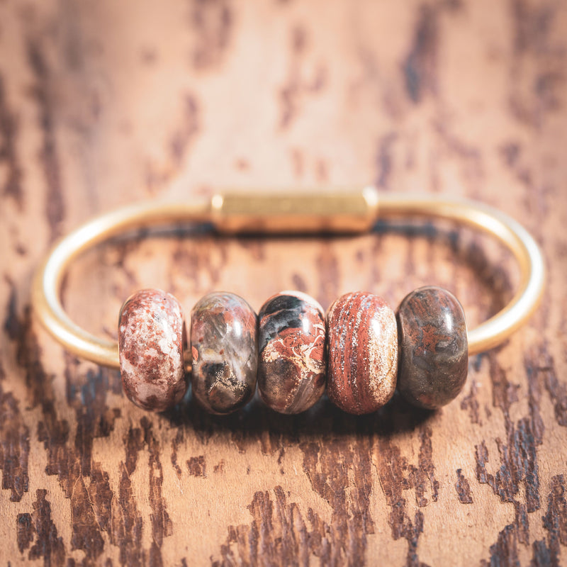 Brass oval screw-lock keychain with natural Red Jasper gemstone beads