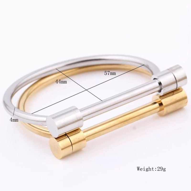 1 gold and 1 silver shackle bracelets with long screw-in bar closure