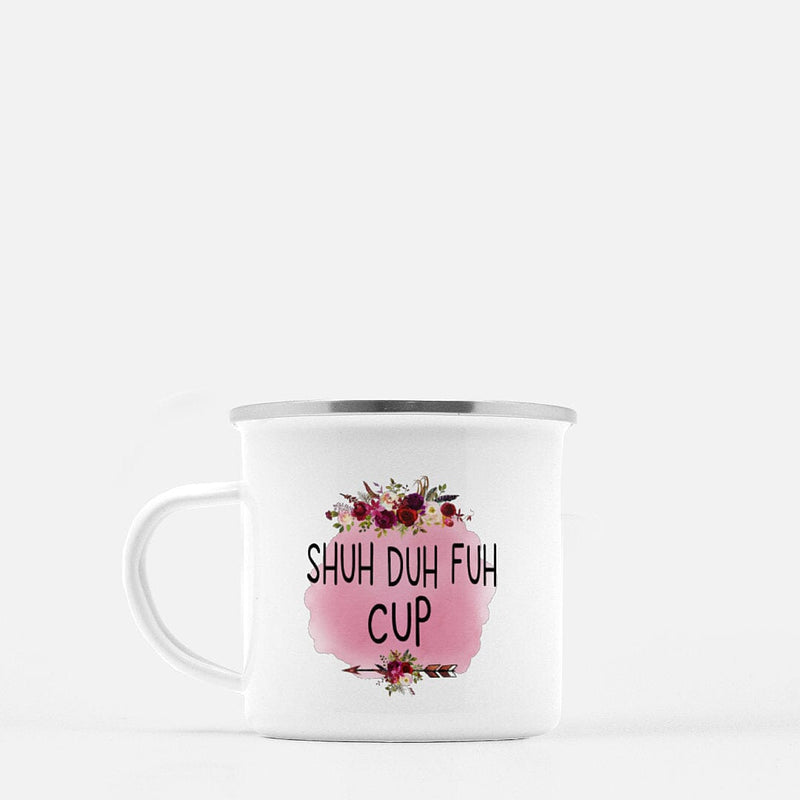 White camp mug with pink floral graphic and  that says SHUH-DUH-FUH-CUP