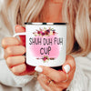 SHUH-DUH-FUH-CUP white enamel camp mug with silver rim