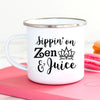 White Sippin' on zen and juice yoga enamel camp mug  with lotus flower