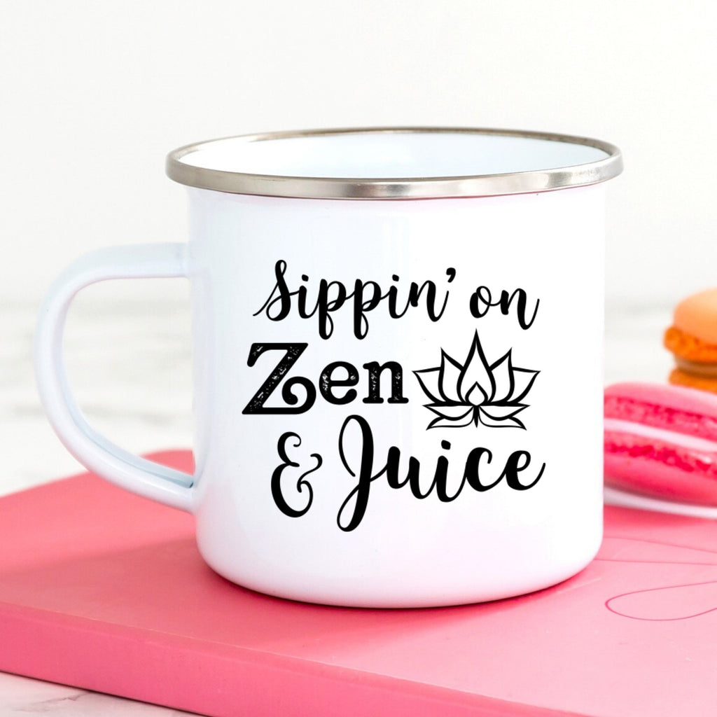 White Sippin' on zen and juice yoga enamel camp mug  with lotus flower