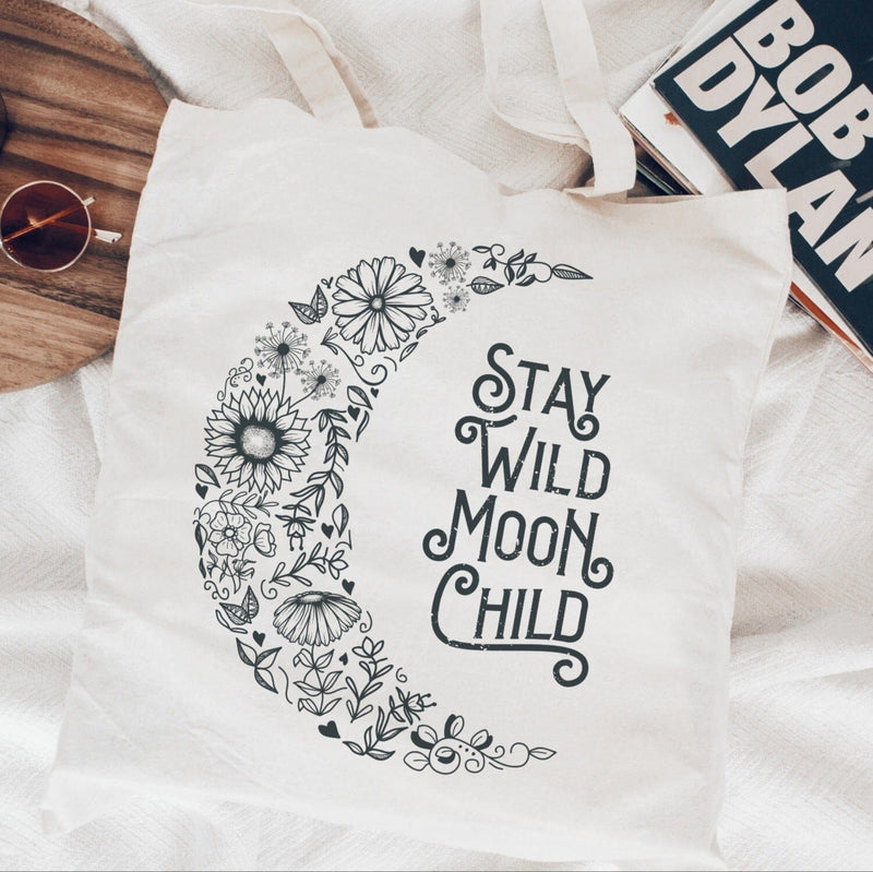 Stay wild moon child moon tote bag