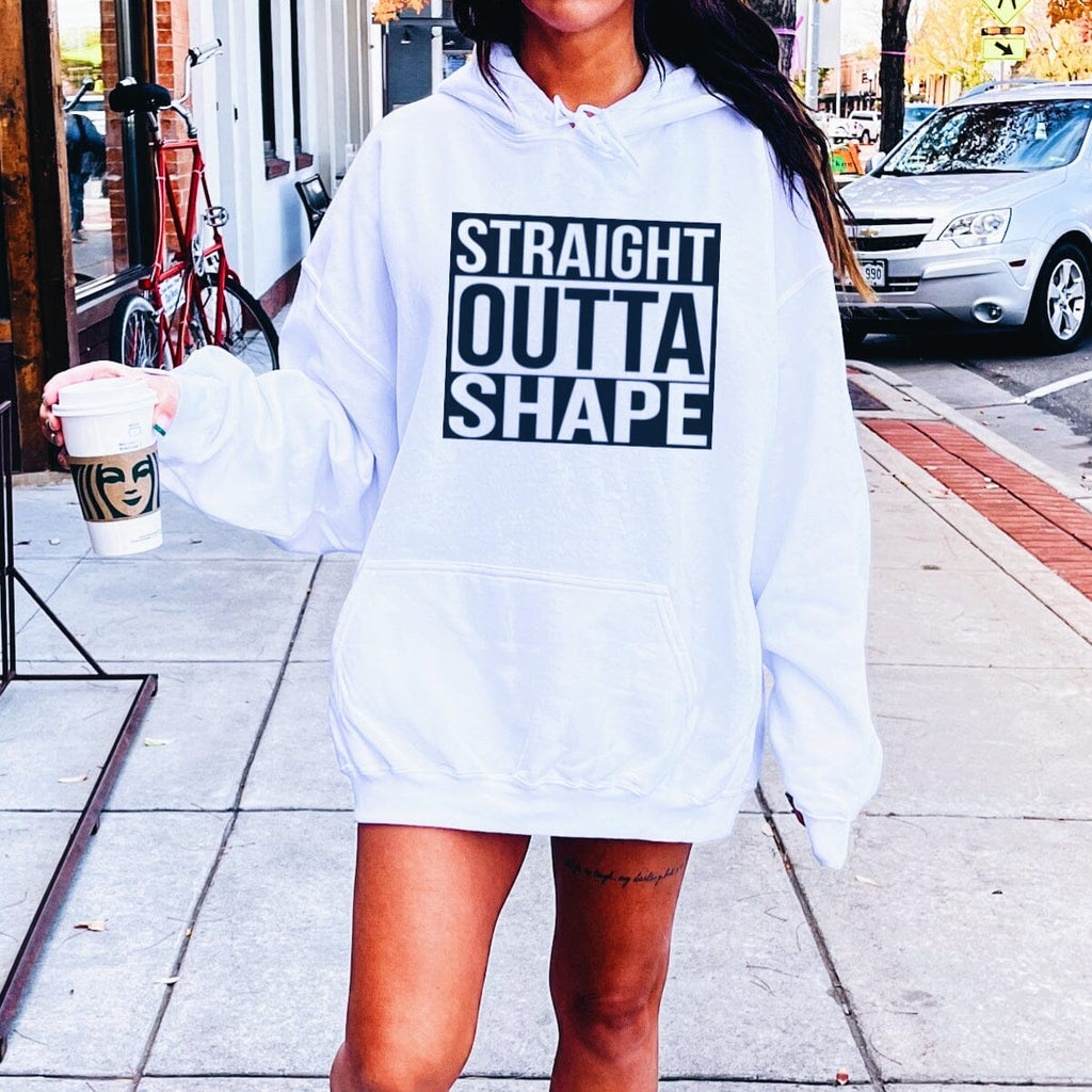 Straight Outta Compton design that says STRAIGHT OUTTA SHAPE on women's white hoodie