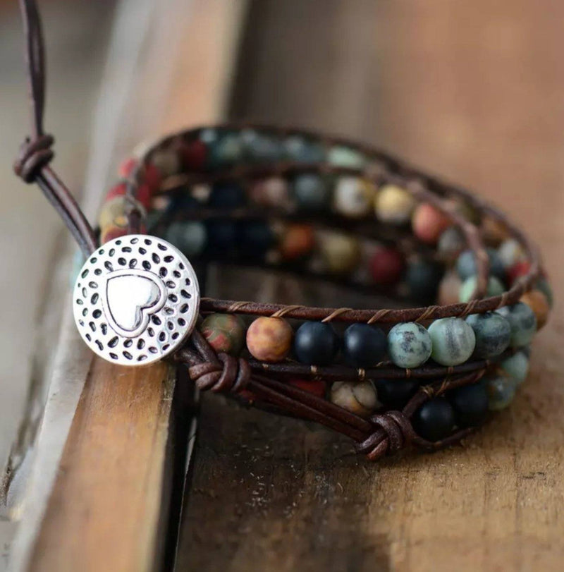 Tranquility Wrap Bracelet of Natural Jasper and Leather with Silver Heart Button Closure