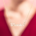 Gold Brass Cursive Warrior Word Necklace for women