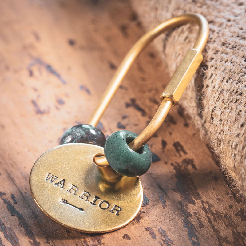 Warrior handstamped brass screw-lock keychain with 2 Indian Agate gemstone beads