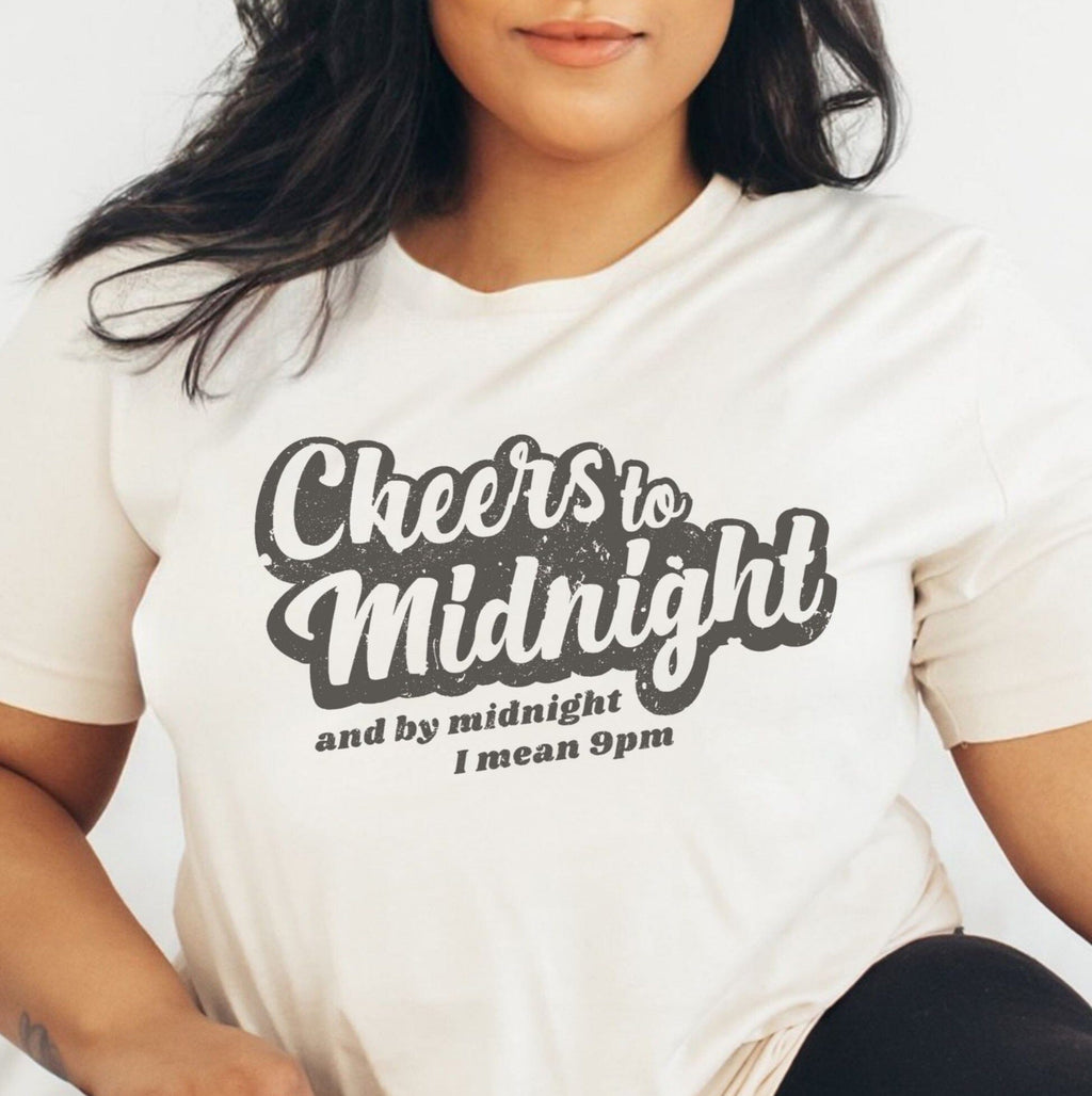 Womens vintage white distressed T-shirt, CHEERS TO MIDNIGHT AND BY MIDNIGHT I MEAN 9PM