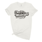 CHEERS TO MIDNIGHT AND BY MIDNIGHT I MEAN 9PM Womens distressed funny New Years Eve t-shirt in vintage white