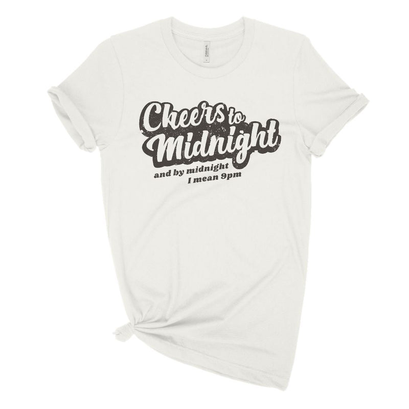 CHEERS TO MIDNIGHT AND BY MIDNIGHT I MEAN 9PM Womens distressed funny New Years Eve t-shirt in vintage white