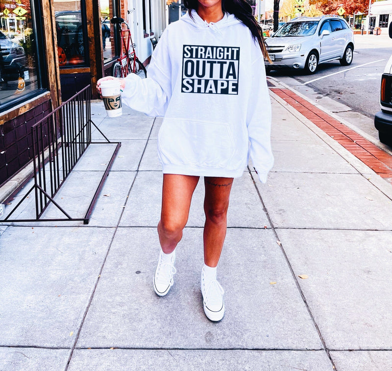 Womens funny hoodie with STRAIGHT OUTTA COMPTON throwback graphic that says STRAIGHT OUTTA SHAPE 