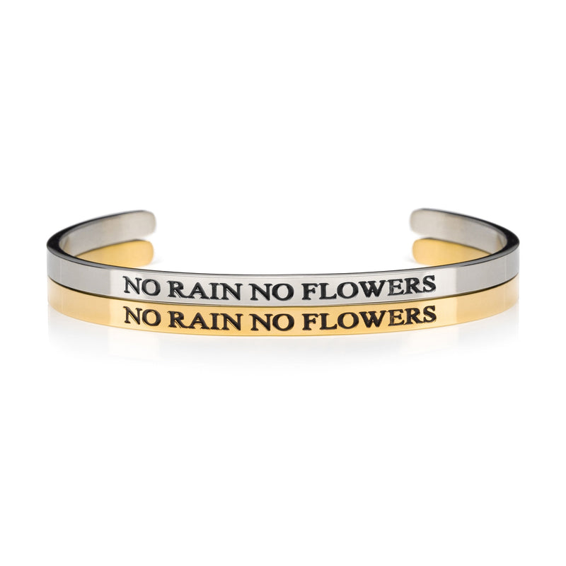 NO RAIN NO FLOWERS high-shine silver and gold stainless steel cuff bracelets
