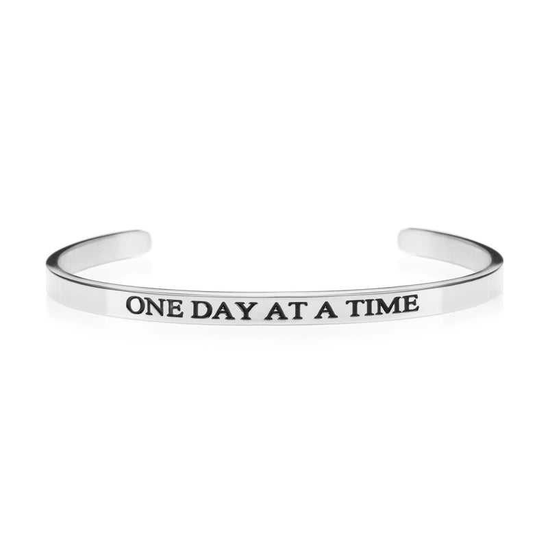 ONE DAY AT A TIME shiny silver stainless cuff bracelet 