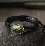 Dark brown Vegan leather wrap bracelet with large Labradorite center stone